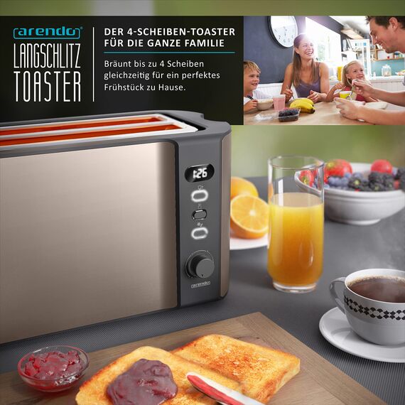Arendo - Edelstahl Toaster Langschlitz 4 Scheiben - Defrost Funktion - wärmeisolierendes Gehäuse - mit integriertem Brötchenaufsatz - Krümelschublade - Display mit Restzeitanzeige - Bronze Design
