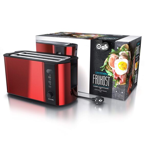 Arendo - Toaster 4 Scheiben Langschlitz Edelstahl - Defrost Funktion - wärmeisolierendes Gehäuse - mit integrierten Brötchenaufsatz - 1500W - Krümelschublade - Display mit Restzeitanzeige - Rot