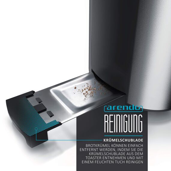 Arendo - Edelstahl Toaster Langschlitz 4 Scheiben, Defrost, wärmeisolierendes Gehäuse, mit integriertem Brötchenaufsatz, 1500W, Krümelschublade, Display, Cool Grey