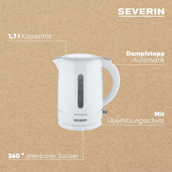 SEVERIN Wasserkocher, 1,7 L Kapazität, mit herausnehmbarem Kalkfilter, Wasserstandsanzeige, Ein-Aus-Taste & Kontrollleuchte, 2.200 W, weiß, WK 4325