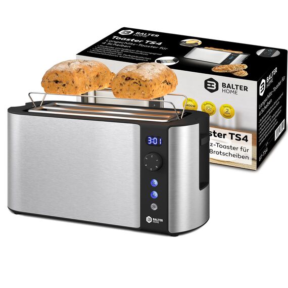 Balter Toaster 4 Scheiben, Langschlitz, Edelstahl, Brötchenaufsatz, LCD Display mit Restzeitanzeige, Auftaufunktion, Brotzentrierung, Krümelschublade, TS-04-LCD, Farbe: Silber