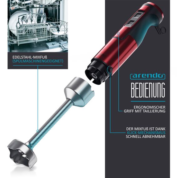 Arendo - Stabmixer 1000 Watt Edelstahl - vierflügeliges Messer - Pürierstab - Mixer - stufenlose Geschwindigkeitsregelung - Turbotaste - Abnehmbarer Mixfuß - Rubinrot