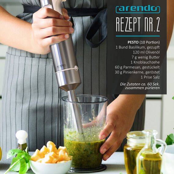 Arendo - 1000W Stabmixer - Edelstahl Pürierstab - Mixer - vierflügeliges Messer - stufenlose Geschwindigkeitsregelung - Turbotaste - Kraftvoller 1000 Watt Motor - mit Messbecher - Weiß