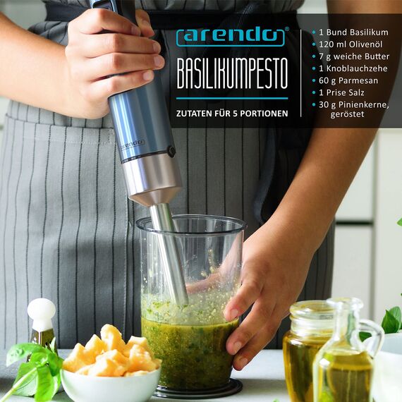 Arendo - Stabmixer 1000 Watt Edelstahl Set - vierflügeliges Messer - Pürierstab - stufenlose Geschwindigkeitsregelung - Turbotaste - Abnehmbarer Mixfuß - Blau