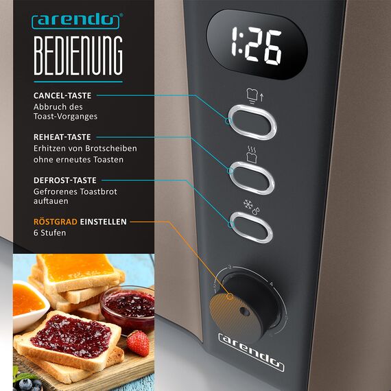 Arendo - Edelstahl Toaster Langschlitz 4 Scheiben - Defrost Funktion - wärmeisolierendes Gehäuse - mit integriertem Brötchenaufsatz - Krümelschublade - Display mit Restzeitanzeige - Bronze Design