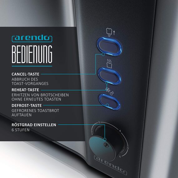 Arendo - Edelstahl Toaster Langschlitz 4 Scheiben, Defrost, wärmeisolierendes Gehäuse, mit integriertem Brötchenaufsatz, 1500W, Krümelschublade, Display, Cool Grey