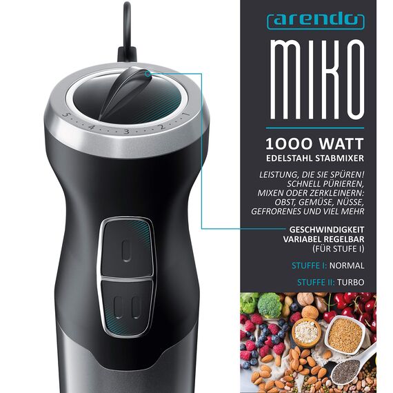 Arendo - Stabmixer 1000 Watt - Vierflügeliges Messer - Pürierstab - stufenlose Regelung - Turbotaste - abnehmbarer Mixfuß - Edelstahl Cool Grey