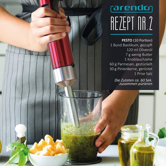 Arendo - Stabmixer 1000 Watt Edelstahl - vierflügeliges Messer - Pürierstab - Mixer - stufenlose Geschwindigkeitsregelung - Turbotaste - Abnehmbarer Mixfuß - Rubinrot