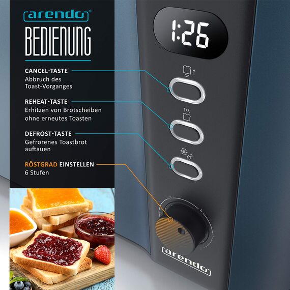 Arendo - Edelstahl Toaster Langschlitz 4 Scheiben - Defrost Funktion - wärmeisolierendes Gehäuse - mit integrierten Brötchenaufsatz - Krümelschublade - Display mit Restzeitanzeige - Admiral Blau