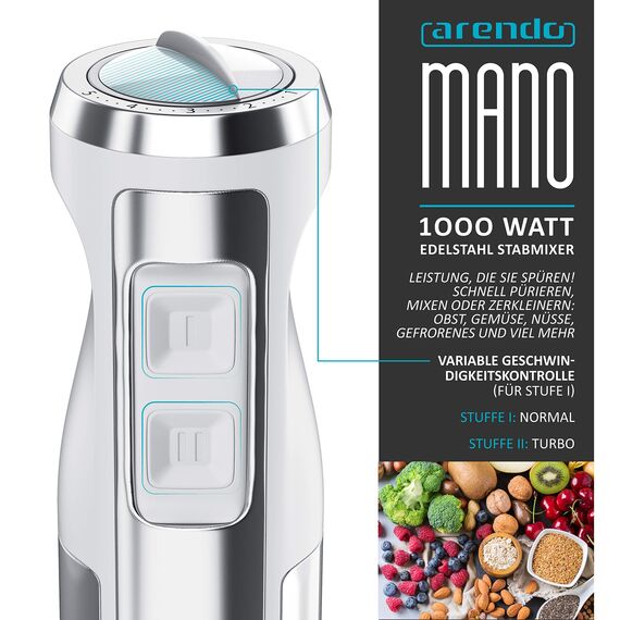 Arendo - 1000W Stabmixer - Edelstahl Pürierstab - Mixer - vierflügeliges Messer - stufenlose Geschwindigkeitsregelung - Turbotaste - Kraftvoller 1000 Watt Motor - mit Messbecher - Weiß