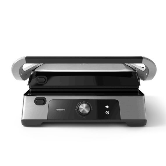 Philips Kontaktgrill - Einstellbare Temperatur 60°C-200°C. 180° aufklappbar. Große Grillfläche und High Power-Leistung. Abnehmbare Antihaft-Platten und Fettauffangschale. (HD6301/90)
