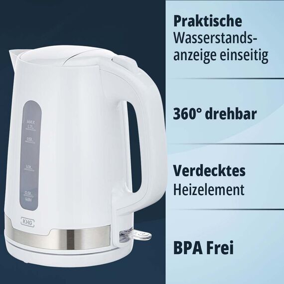 KHG Frühstücksset Wasserkocher Kaffeemaschine 2-teilig, 2.200 & 1.000 Watt, Kapazität 1,7 Liter Wasser oder 12 Tassen Kaffe, mit Kalkfilter & Permanent-Kaffeefilter – Weiß