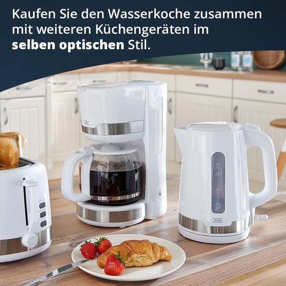 KHG Frühstücksset Wasserkocher Toaster Kaffeemaschine 3-teilig | 2.200-850 - & 1.000 Watt | Küchenset mit Kapazität 1,7 Liter Kochwasser, 2 Scheiben Toast & für 12 Tassen Kaffee – Weiß