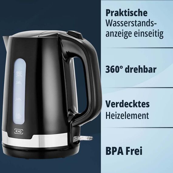 KHG Wasserkocher und Toaster Set 2-teilig | 2.200 & 850 Watt | Frühstücksset mit Kapazität 1,7 Liter & 2 Scheiben Toast | Küchenset mit Kalkfilter & Krümmelauffang - SCHWARZ