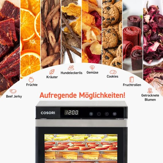 COSORI Dörrautomat edelstahl, Food Dehydrator mit 50 Rezepte, inkl. 6 Edelstahl-Dörrtabletts, 3 Dörrgitter, 3 Dörrmatte, große Fläche 0,6 m², 48 Std. Zeitschaltuhr, LED-Display (35°-75°C) und 650W