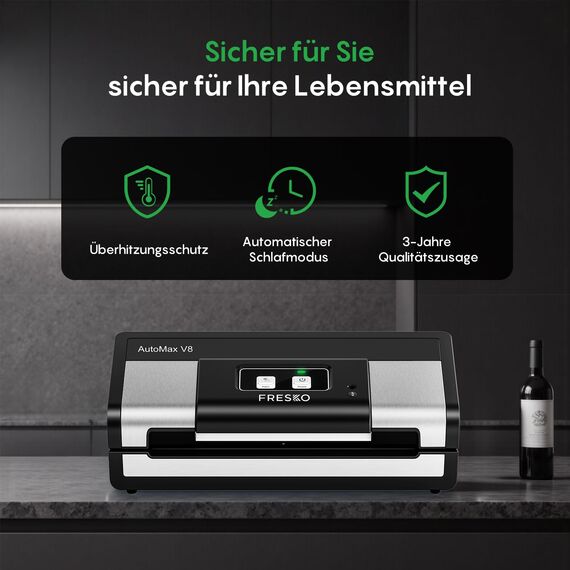 FRESKO Vakuumiergerät Automatik | Vakuumiergerät Testsieger (Note 1,2), 18L/min Turbo-Saugkraft, 1-Knopf-Bedienung, inkl. 2 Beutelrollen
