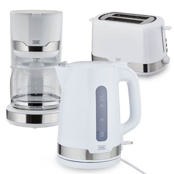 KHG Frühstücksset Wasserkocher Toaster Kaffeemaschine 3-teilig | 2.200-850 - & 1.000 Watt | Küchenset mit Kapazität 1,7 Liter Kochwasser, 2 Scheiben Toast & für 12 Tassen Kaffee – Weiß