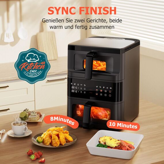 Heißluftfritteuse Doppelstapel mit Sichtfenster, Double Stack Kammern 10L Airfryer,10-in-1 Voreingestellten Programmen, Touchscreen, Intelligente und Timer, Energiesparend, Friteuse ohne Öl, Schwarz