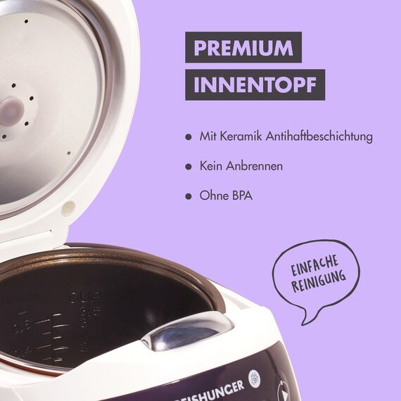 REISHUNGER Digitaler Reiskocher klein, bordeaux | 0,6 L bis 3 Personen | Warmhaltefunktion, Timer & Premium Topf | Kleiner Multikocher & Dampfgarer, 8 Programme, 7-Phasen-Technologie