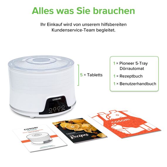 COSORI Dörrautomat für mehr Möglichkeiten, Food Dehydrator mit 5 stapelbaren und herausnehmbaren Tabletts, Einstellbare Höhe, Temperaturregelung(35-75℃), BPA-frei, 350W,Weiß