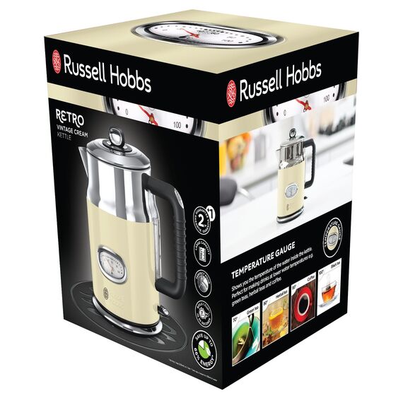 Russell Hobbs Wasserkocher [1,7l, 2400W] Retro Creme und polierter Edelstahl (Schnellkochfunktion, Wassertemperaturanzeige im Retrodesign, außenliegende Wasserstandsanzeige) Vintage Teekocher 21672-70