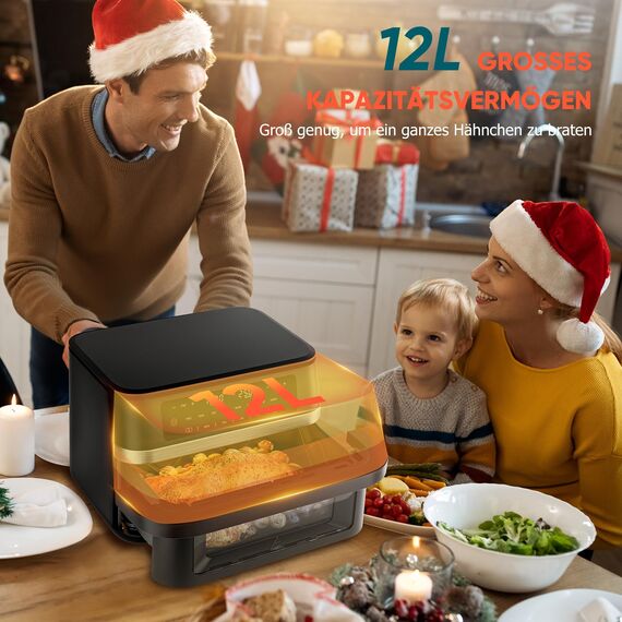 Heißluftfritteuse mit Sichtfenster,12L Kapazität XXXL Einstellbar Airfryer,10-in-1 Voreingestellten Programmen, Touchscreen, Intelligente Synchronisierung und Timer, Energiesparend, Friteuse ohne Öl