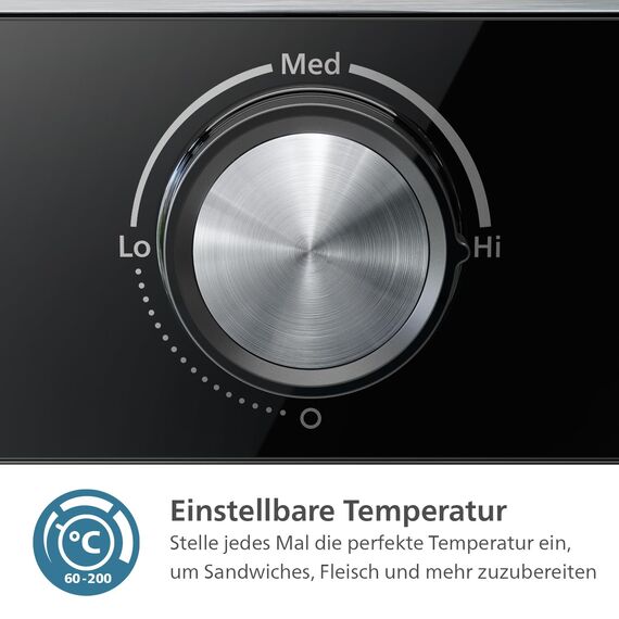 Philips Kontaktgrill - Einstellbare Temperatur 60°C-200°C. 180° aufklappbar. Große Grillfläche und High Power-Leistung. Abnehmbare Antihaft-Platten und Fettauffangschale. (HD6301/90)