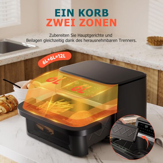Heißluftfritteuse mit Sichtfenster,12L Kapazität XXXL Einstellbar Airfryer,10-in-1 Voreingestellten Programmen, Touchscreen, Intelligente Synchronisierung und Timer, Energiesparend, Friteuse ohne Öl