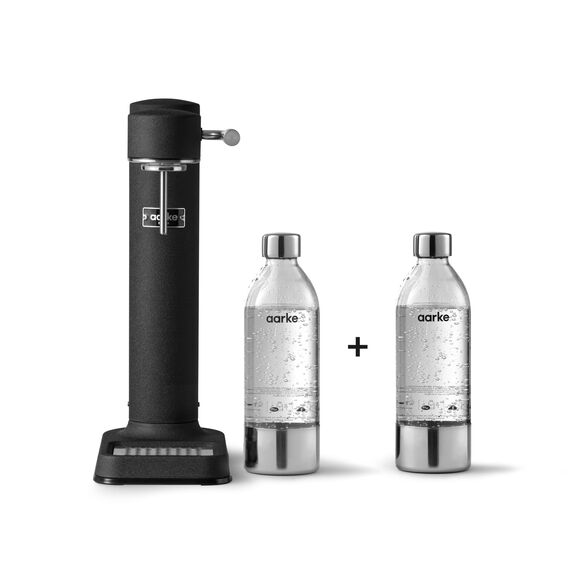 Aarke Carbonator 3, Wassersprudler aus Edelstahl im modernen Mattschwarz Finish mit 2x BPA-freier 1L PET-Flasche, Sprudelwasserbereiter für Leitungswasser, kompatibel mit 60L CO2-Zylindern