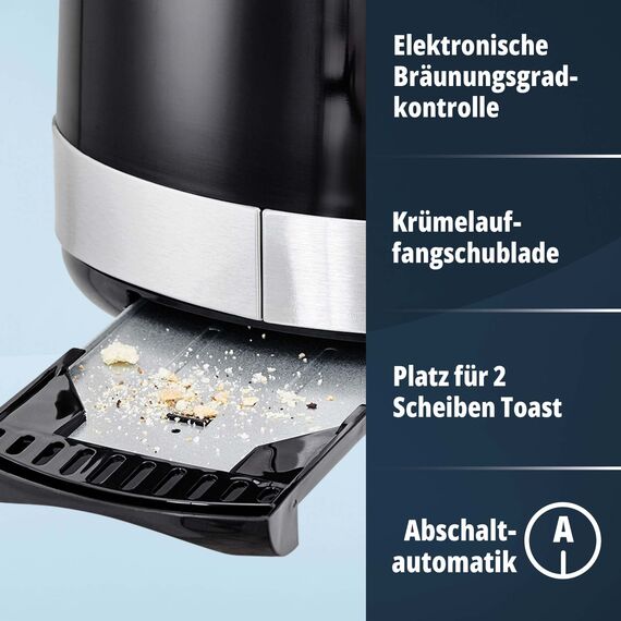 KHG Wasserkocher und Toaster Set 2-teilig | 2.200 & 850 Watt | Frühstücksset mit Kapazität 1,7 Liter & 2 Scheiben Toast | Küchenset mit Kalkfilter & Krümmelauffang - SCHWARZ