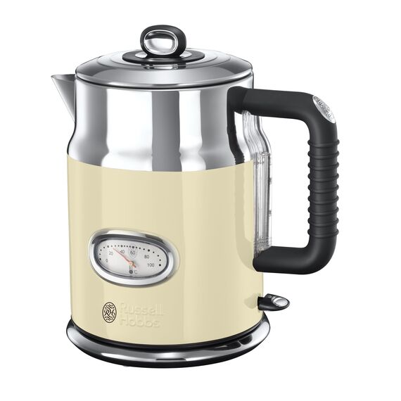 Russell Hobbs Wasserkocher [1,7l, 2400W] Retro Creme und polierter Edelstahl (Schnellkochfunktion, Wassertemperaturanzeige im Retrodesign, außenliegende Wasserstandsanzeige) Vintage Teekocher 21672-70