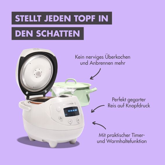 REISHUNGER Digitaler Reiskocher klein, bordeaux | 0,6 L bis 3 Personen | Warmhaltefunktion, Timer & Premium Topf | Kleiner Multikocher & Dampfgarer, 8 Programme, 7-Phasen-Technologie