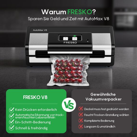 FRESKO Vakuumiergerät Automatik | Vakuumiergerät Testsieger (Note 1,2), 18L/min Turbo-Saugkraft, 1-Knopf-Bedienung, inkl. 2 Beutelrollen