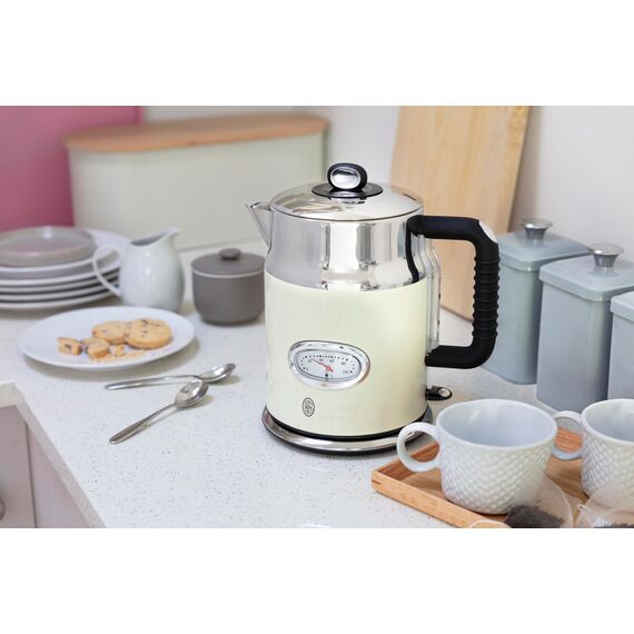 Russell Hobbs Wasserkocher [1,7l, 2400W] Retro Creme und polierter Edelstahl (Schnellkochfunktion, Wassertemperaturanzeige im Retrodesign, außenliegende Wasserstandsanzeige) Vintage Teekocher 21672-70