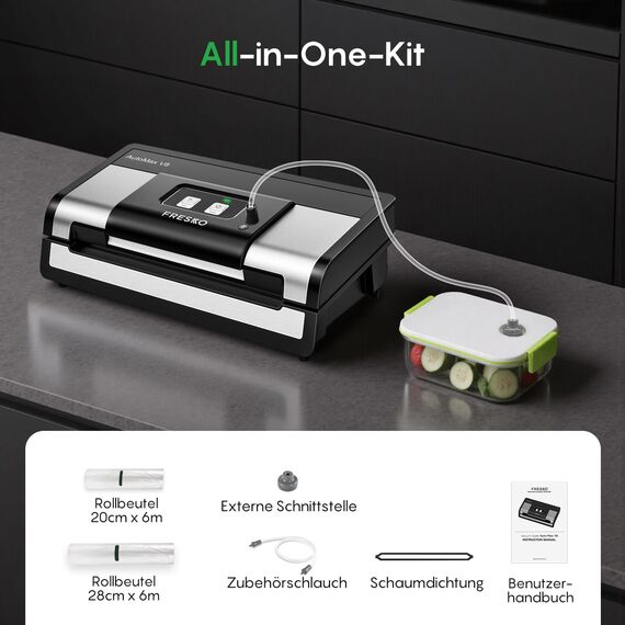FRESKO Vakuumiergerät Automatik | Vakuumiergerät Testsieger (Note 1,2), 18L/min Turbo-Saugkraft, 1-Knopf-Bedienung, inkl. 2 Beutelrollen