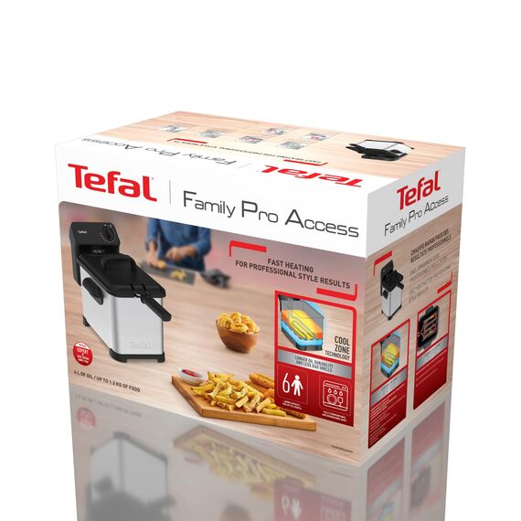 Tefal Family Pro Access 4,0L Fritteuse, 3000 Watt, semiprofessionell mit Öl, herausnehmbarer Ölbehälter, Kühlzonen-Technologie, leichte Reinigung, knusprige Pommes, Edelstahl, schwarz, FR5030