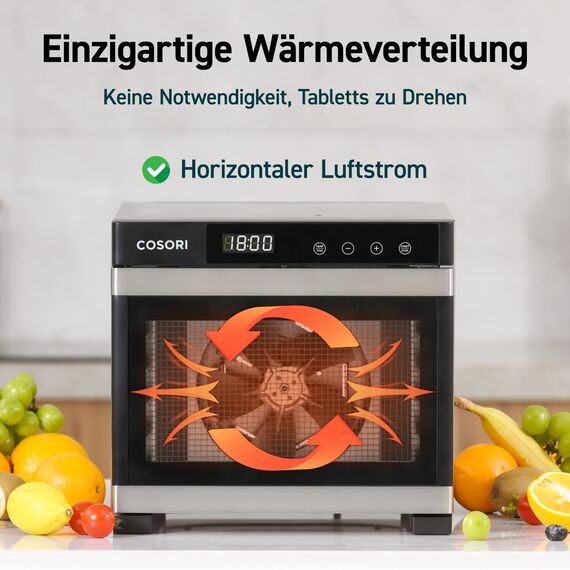 COSORI Dörrautomat edelstahl, Food Dehydrator mit 50 Rezepte, inkl. 6 Edelstahl-Dörrtabletts, 3 Dörrgitter, 3 Dörrmatte, große Fläche 0,6 m², 48 Std. Zeitschaltuhr, LED-Display (35°-75°C) und 650W
