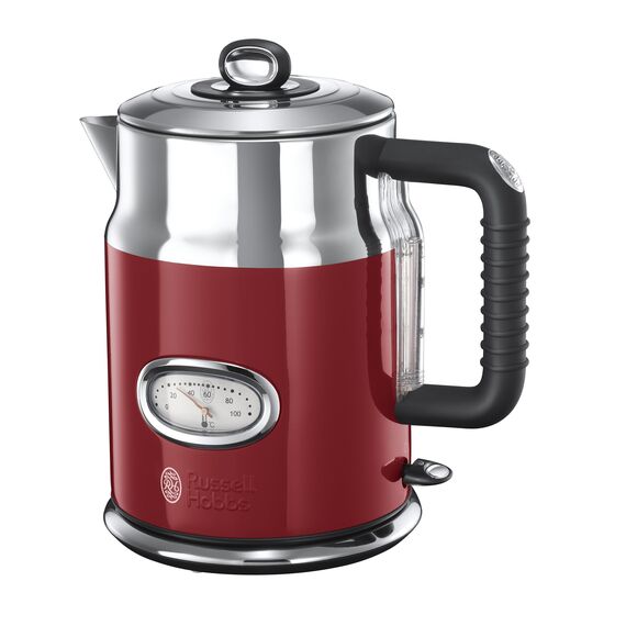 Russell Hobbs Wasserkocher [1,7l, 2400W] Retro Rot und polierter Edelstahl (Schnellkochfunktion, Wassertemperaturanzeige im Retrodesign, außenliegende Wasserstandsanzeige) Vintage Teekocher 21670-70