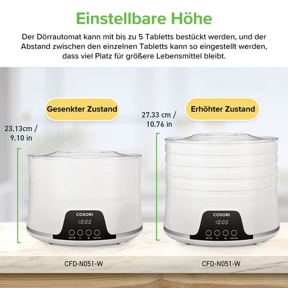 COSORI Dörrautomat für mehr Möglichkeiten, Food Dehydrator mit 5 stapelbaren und herausnehmbaren Tabletts, Einstellbare Höhe, Temperaturregelung(35-75℃), BPA-frei, 350W,Weiß
