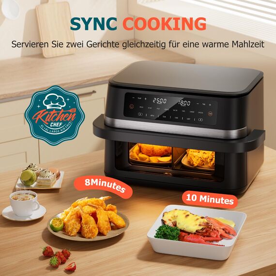 Heißluftfritteuse mit Sichtfenster,12L Kapazität XXXL Einstellbar Airfryer,10-in-1 Voreingestellten Programmen, Touchscreen, Intelligente Synchronisierung und Timer, Energiesparend, Friteuse ohne Öl