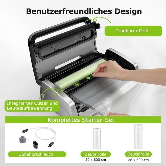 Bonsenkitchen Vakuumiergerät, Vakuumierer-15L/Min Hochleistung, Testsieger Sehr Gut, Nachhaltigkeitszertifizierung, Design mit Griffverriegelung und Integrierter Schneider, inkl.2 Rollen Vakuumrollen