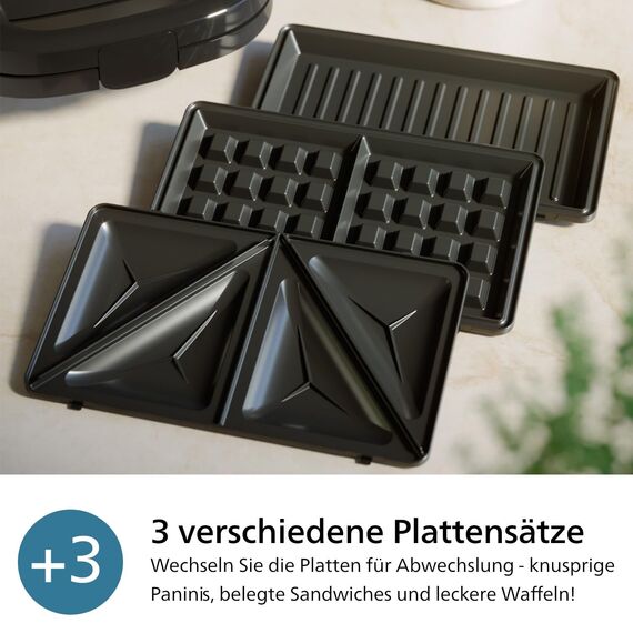Philips 5000-Serie 3-in-1 Sandwichmaker - Sandwiches, Waffeln und Paninis, Antihaftbeschichtete, austauschbare Platten, Schneiden und Versiegeln. 750W, Schwarz (HD2350/80)