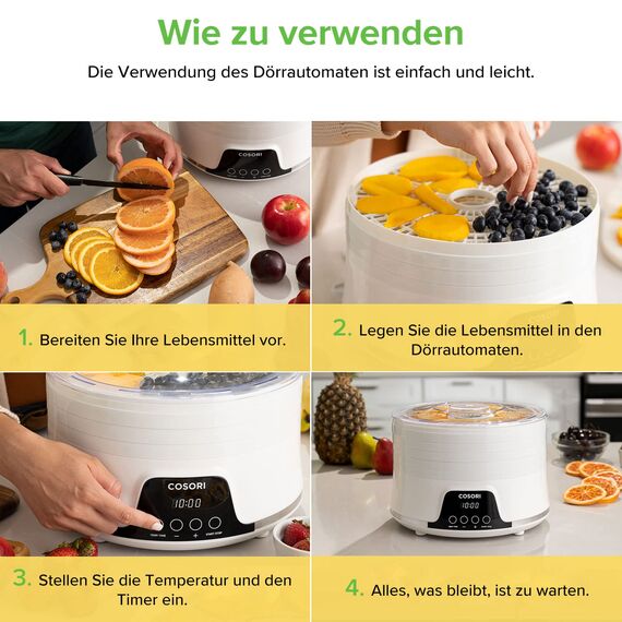 COSORI Dörrautomat für mehr Möglichkeiten, Food Dehydrator mit 5 stapelbaren und herausnehmbaren Tabletts, Einstellbare Höhe, Temperaturregelung(35-75℃), BPA-frei, 350W,Weiß