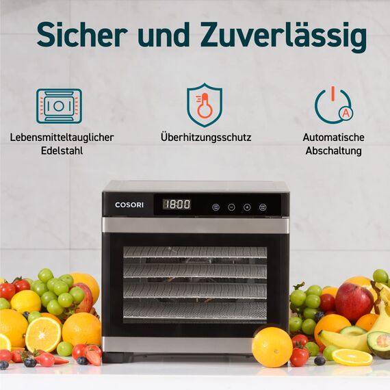 COSORI Dörrautomat edelstahl, Food Dehydrator mit 50 Rezepte, inkl. 6 Edelstahl-Dörrtabletts, 3 Dörrgitter, 3 Dörrmatte, große Fläche 0,6 m², 48 Std. Zeitschaltuhr, LED-Display (35°-75°C) und 650W