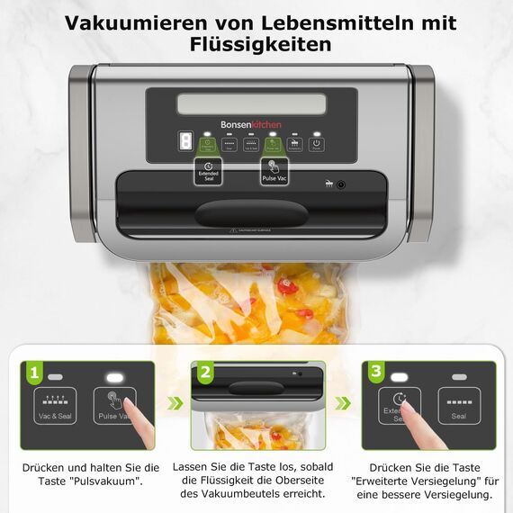 Bonsenkitchen Vakuumiergerät, Vakuumierer-15L/Min Hochleistung, Testsieger Sehr Gut, Design mit Griffverriegelung und Integrierter Schneider, inkl.2 Rollen Vakuumrollen, Silber