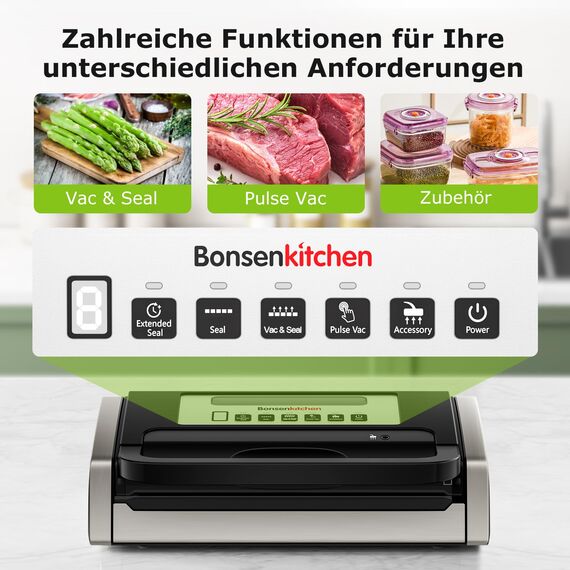 Bonsenkitchen Vakuumiergerät, Vakuumierer-15L/Min Hochleistung, Testsieger Sehr Gut, Nachhaltigkeitszertifizierung, Design mit Griffverriegelung und Integrierter Schneider, inkl.2 Rollen Vakuumrollen