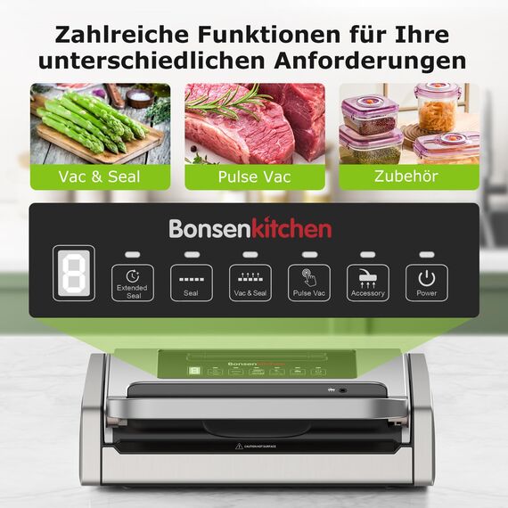 Bonsenkitchen Vakuumiergerät, Vakuumierer-15L/Min Hochleistung, Testsieger Sehr Gut, Design mit Griffverriegelung und Integrierter Schneider, inkl.2 Rollen Vakuumrollen, Silber