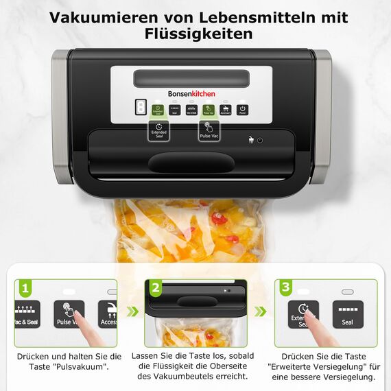 Bonsenkitchen Vakuumiergerät, Vakuumierer-15L/Min Hochleistung, Testsieger Sehr Gut, Nachhaltigkeitszertifizierung, Design mit Griffverriegelung und Integrierter Schneider, inkl.2 Rollen Vakuumrollen