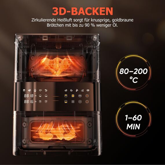 Heißluftfritteuse Doppelstapel mit Sichtfenster, Double Stack Kammern 10L Airfryer,10-in-1 Voreingestellten Programmen, Touchscreen, Intelligente und Timer, Energiesparend, Friteuse ohne Öl, Schwarz