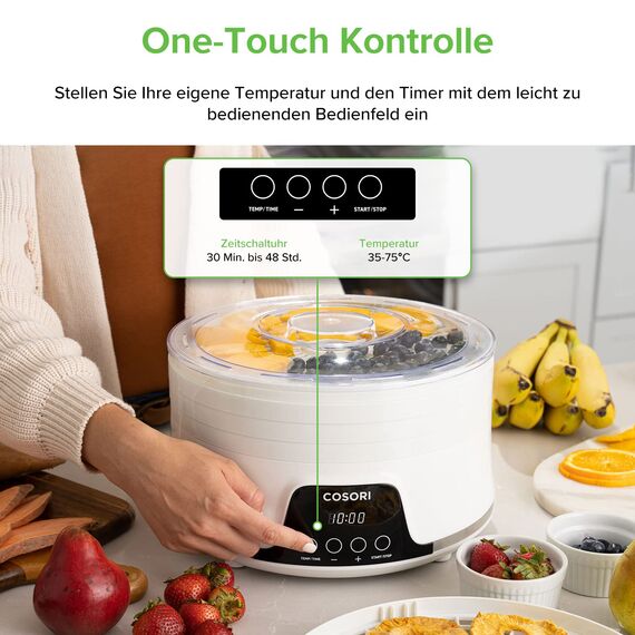 COSORI Dörrautomat für mehr Möglichkeiten, Food Dehydrator mit 5 stapelbaren und herausnehmbaren Tabletts, Einstellbare Höhe, Temperaturregelung(35-75℃), BPA-frei, 350W,Weiß